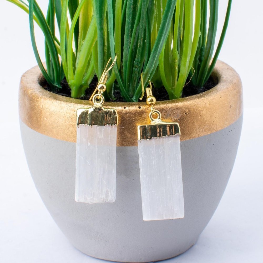 Selenite White Earrings Gold Tone Dipped Crystal Women Healing Gemstone Jewelry - Picture 4 of 10